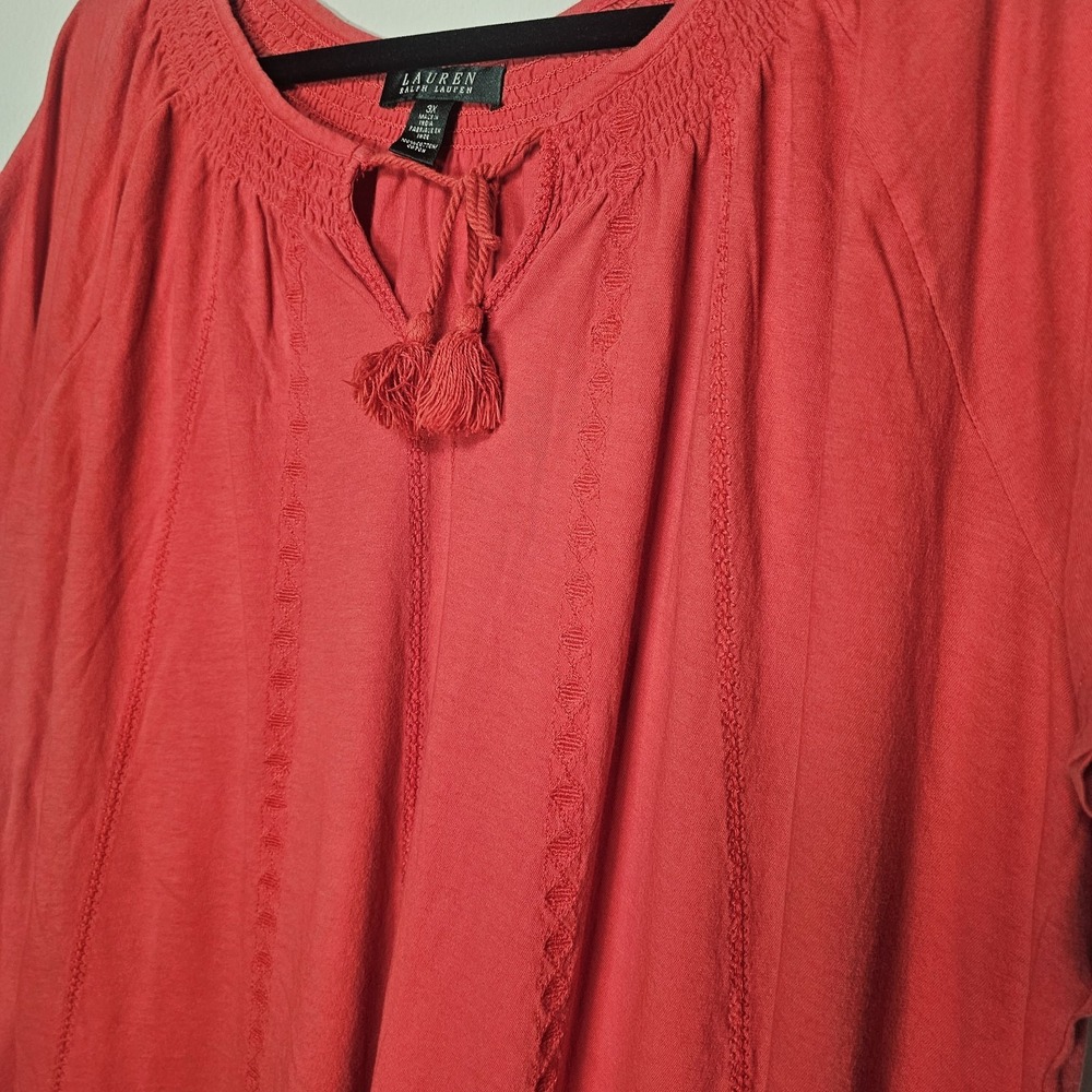 Lauren Ralph Lauren Womens 3X Red Neck Tie Boho Top Stretchy Embroidered Blouse - Picture 2 of 7